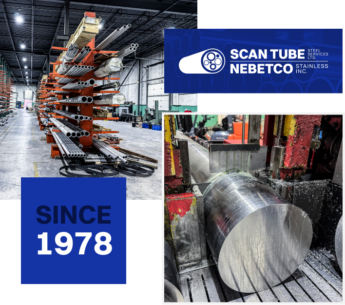 An image containing photos of the Scan Tube Steel logo, warehouse, and its established in 1978
