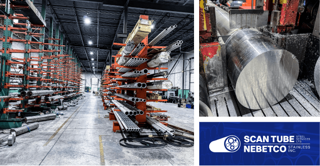 A warehouse with metal tubes on orange racks; a close-up of a circular metal object being cut. Logo reads "Scan Tube Nebetco Stainless Inc."
