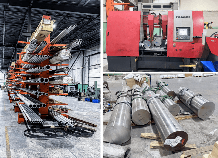 Industrial scene with metal pipes stored on orange racks, a large red and gray cutting machine, and several thick metal cylinders on wooden pallets.